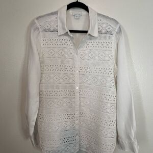 J. Jill Love Linen Top Button Front White Size Small Cut Out Lace Front L/S